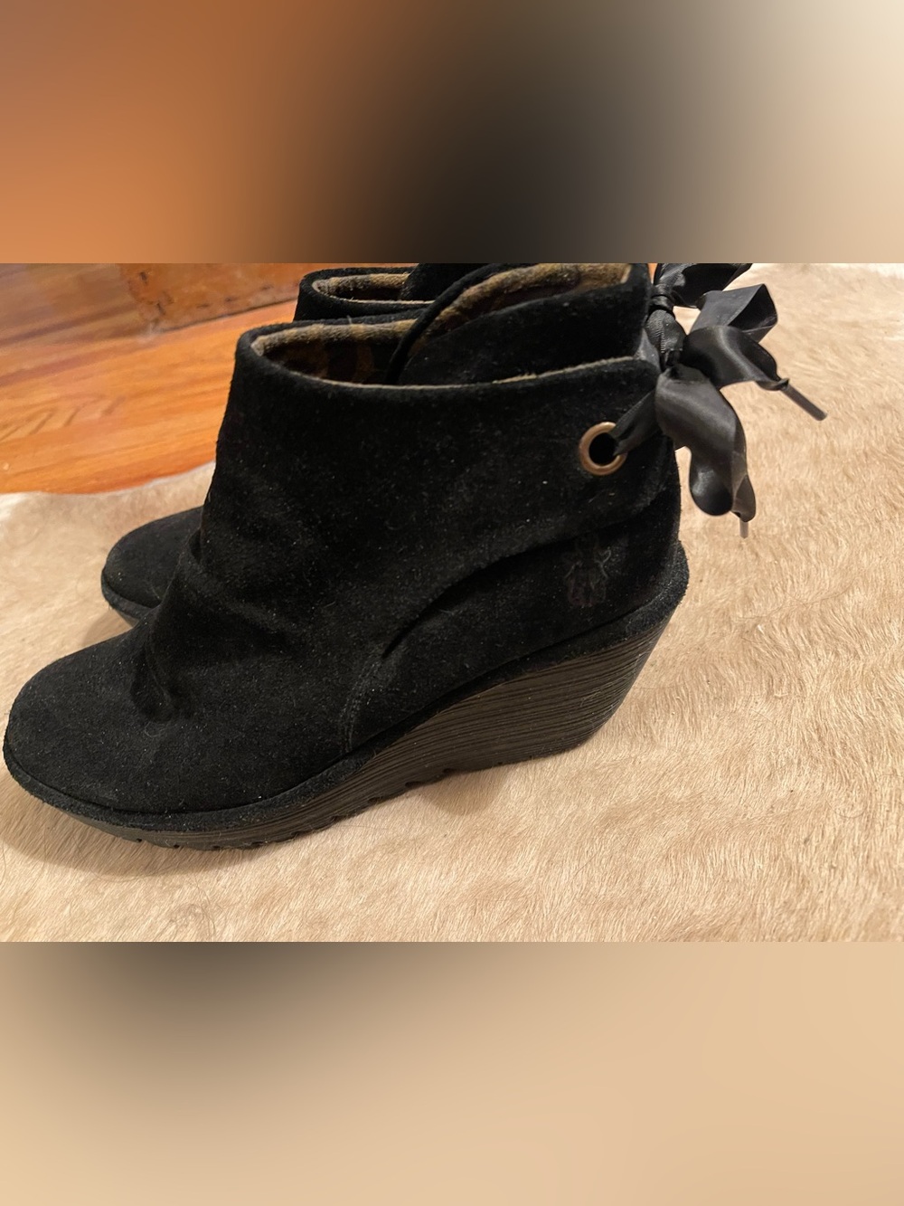 Fly London Black Suede Wedge Ankle Booties - Women's